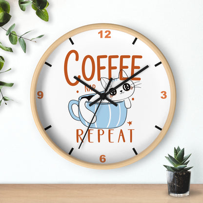 Coffee Nap Repeat Wall Clock | Cute Cat in Mug Kitchen Decor