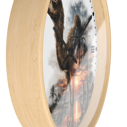 Round wall clock with a light natural wood frame and a printed center depicting a camel in a desert landscape at sunset, shown on a white background.