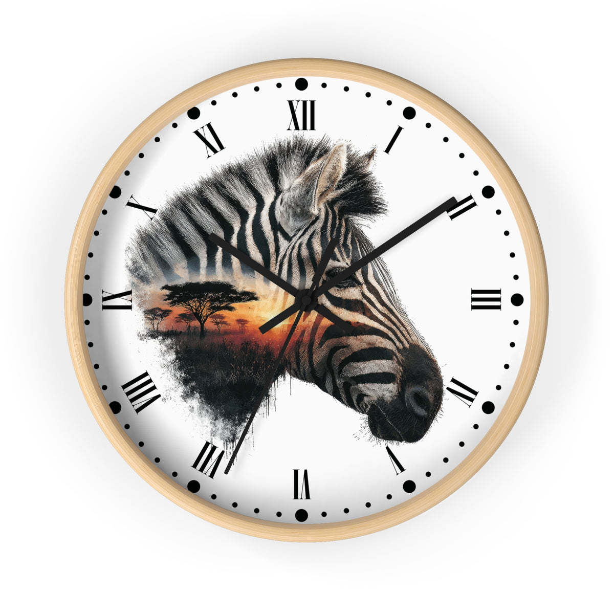 Zebra Sunset Wall Clock with Roman Numerals — African Savanna Animal Decor