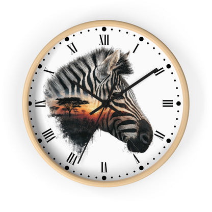 Zebra Sunset Wall Clock with Roman Numerals — African Savanna Animal Decor