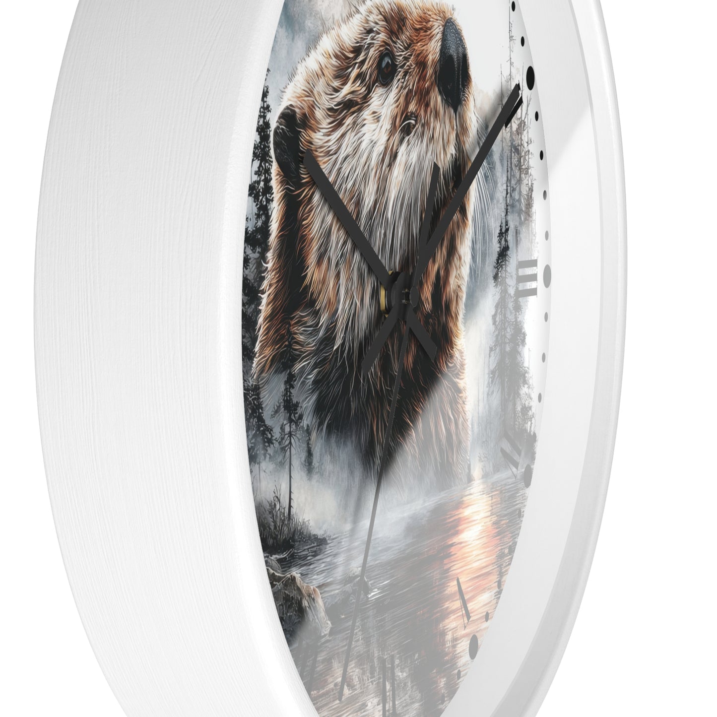 Round wall clock with a white frame and a printed nature scene of a beaver in a misty forest on the face, with black hands and roman numerals.