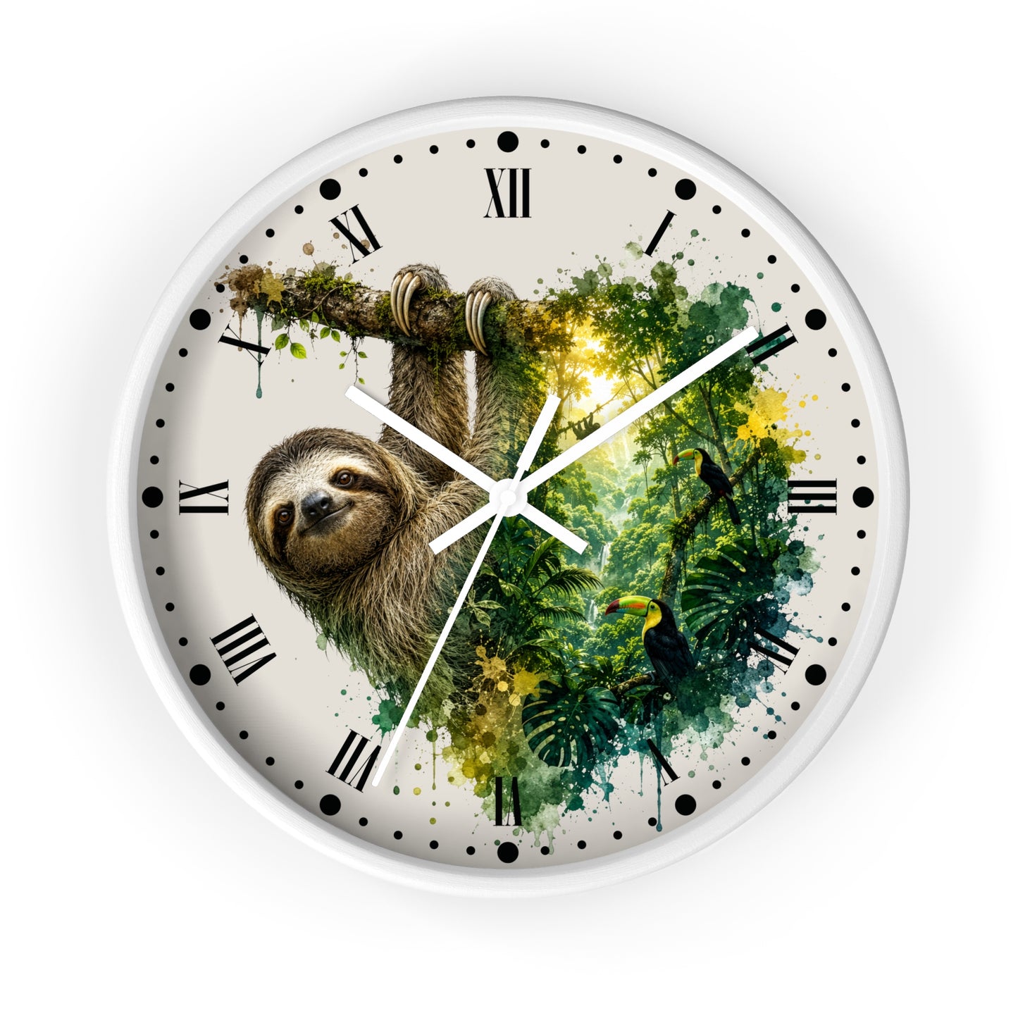A round wall clock with a white frame and a printed dial featuring a sloth hanging from a branch over green jungle foliage, with black Roman numerals and clock hands on a white background.