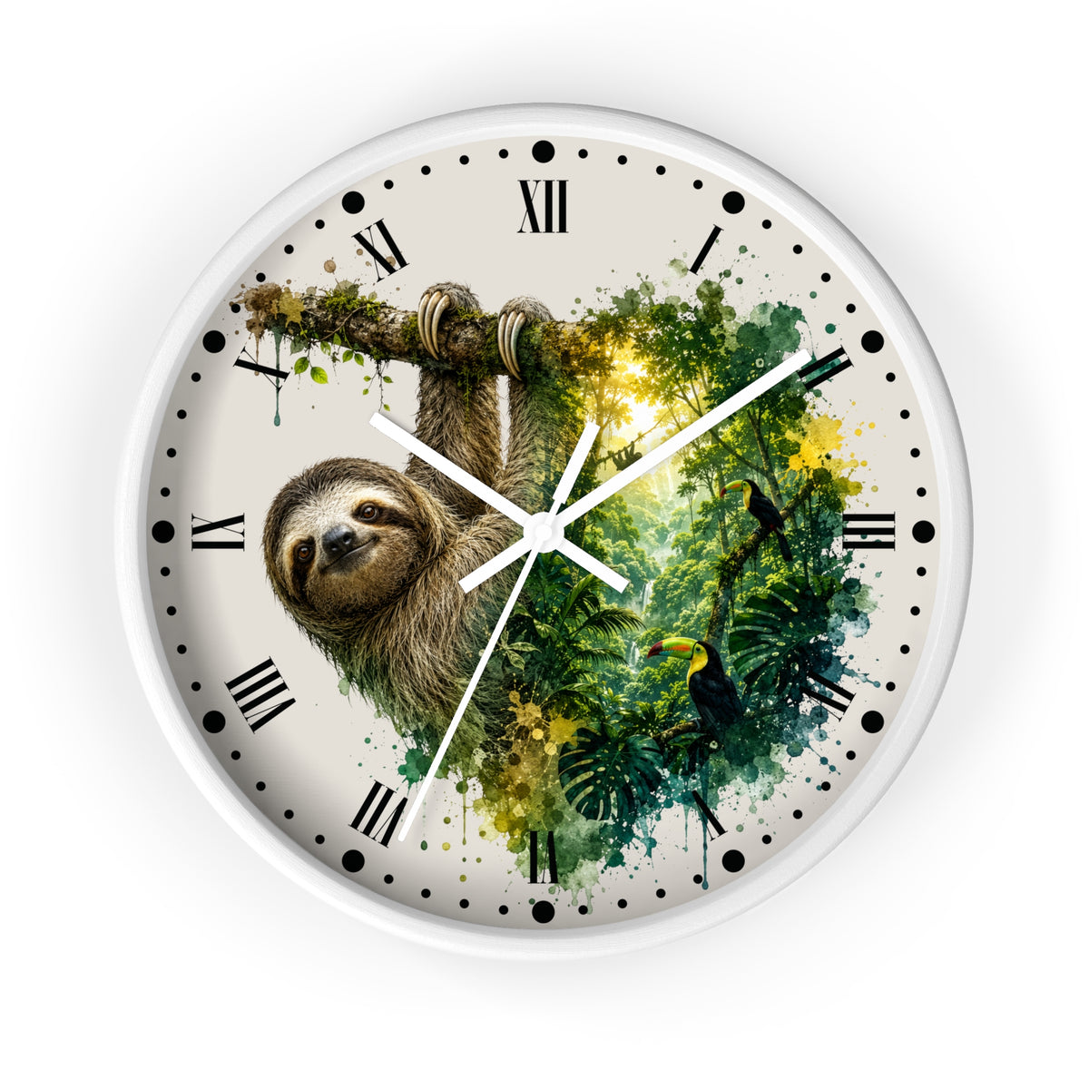 A round wall clock with a white frame and a printed dial featuring a sloth hanging from a branch over green jungle foliage, with black Roman numerals and clock hands on a white background.