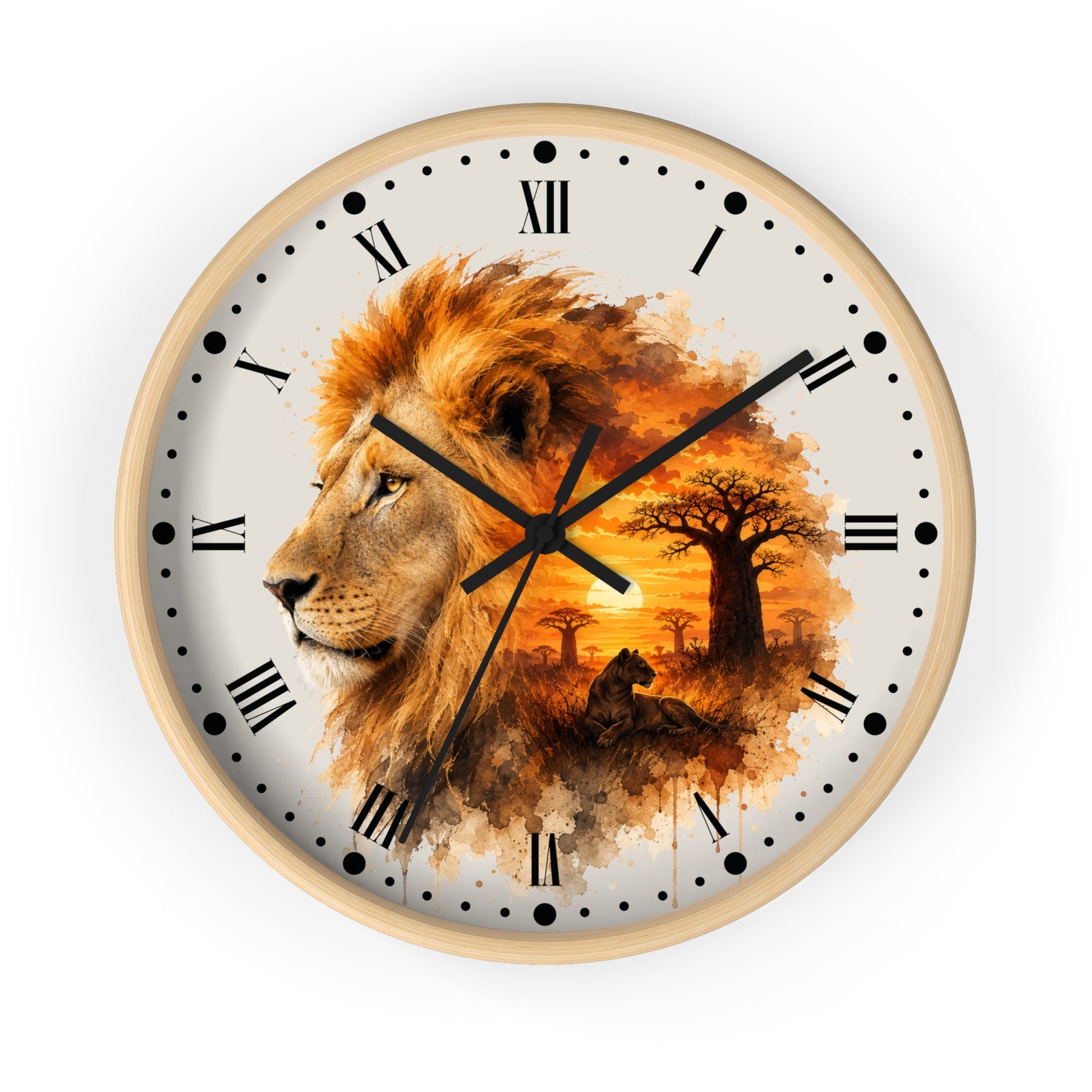 A round wall clock with a light wood frame and a printed design featuring a lion profile blending into an African savanna sunset scene with trees. The clock face is off-white with black Roman numerals, black hour markers, and black hands.