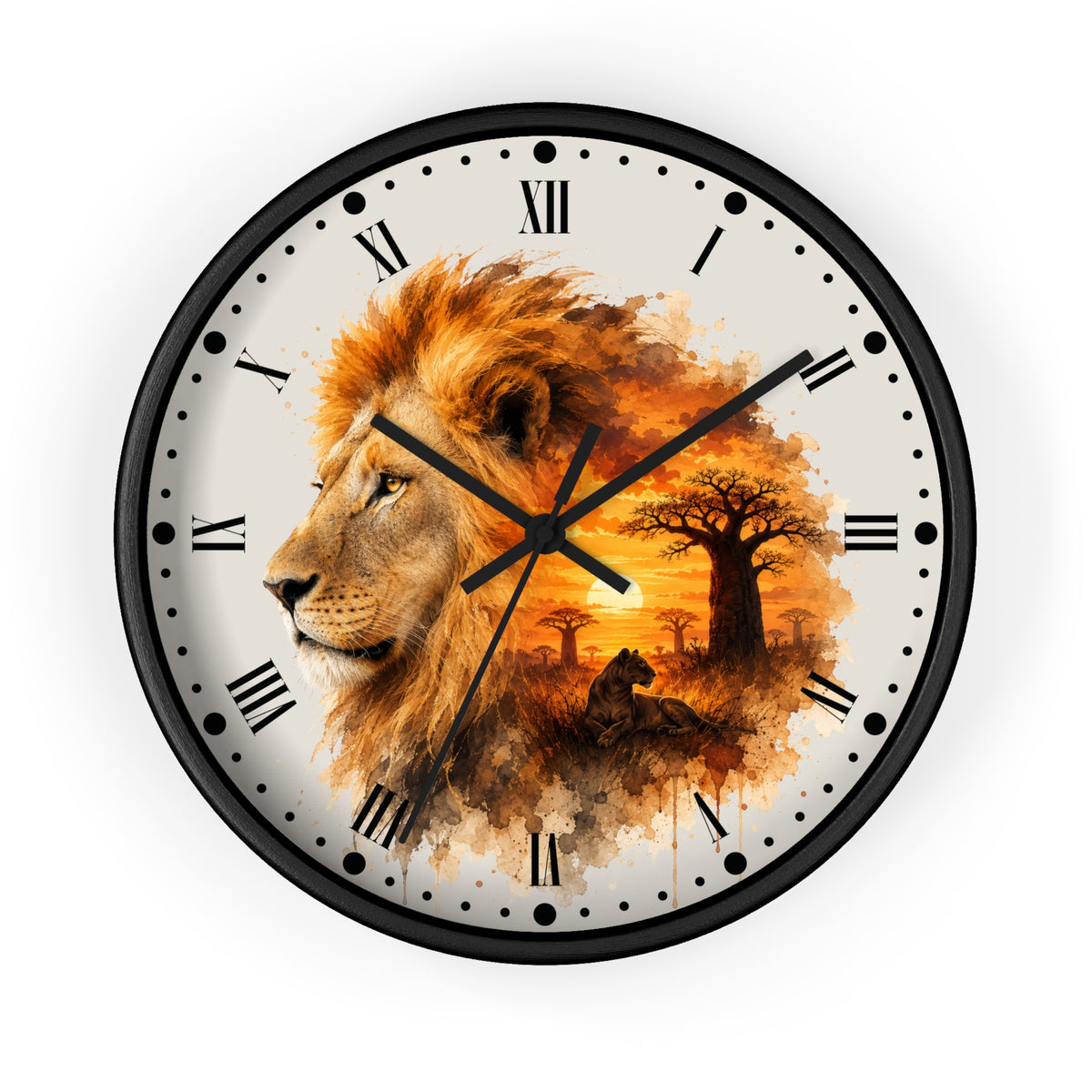 A round wall clock with a black frame and Roman numerals, featuring a watercolor-style design of a lion profile merging into an African savanna sunset scene with a seated lion cub and acacia trees on a white background.