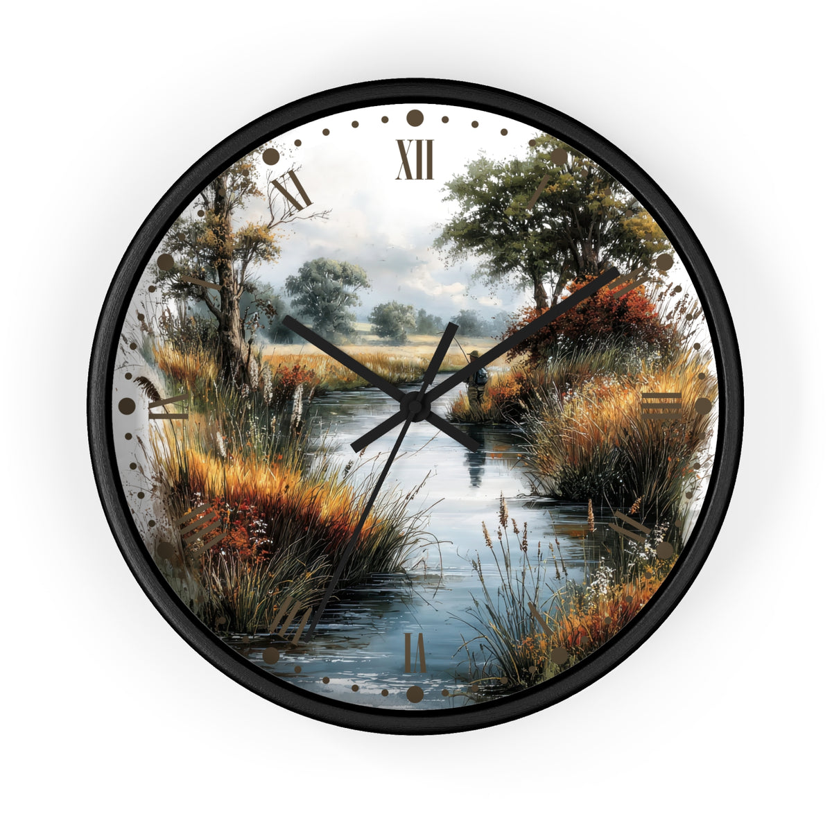 Round wall clock with a black frame and a scenic landscape print featuring a river, trees, reeds, and a cloudy sky. The clock face includes black Roman numerals and black clock hands, shown against a plain white background.