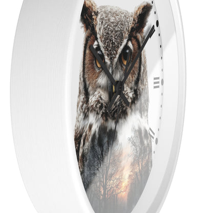 Round wall clock with a white frame and a printed owl face over a forest sunset scene on the clock face, shown against a plain white background.
