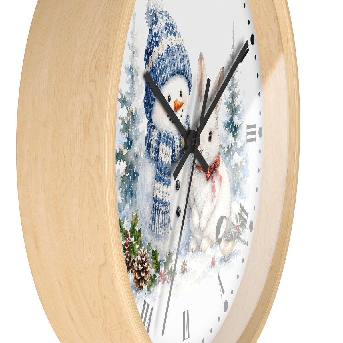 A round wall clock with a light natural wood frame and a white dial featuring a winter illustration of a snowman in a blue knit hat and scarf next to a white rabbit with a red bow tie.