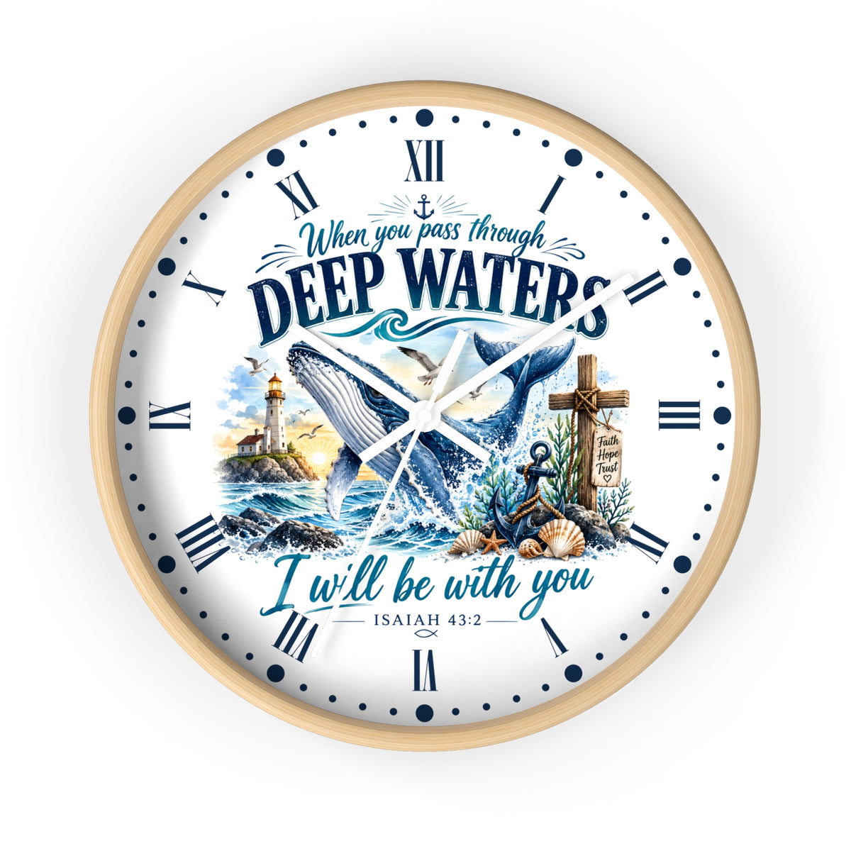 Christian Inspirational Wall Clock — 'When You Pass Through Deep Waters' (Isaiah 43:2)