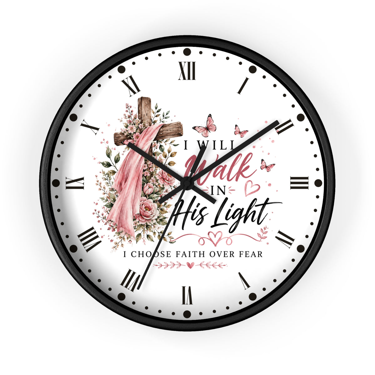 I Will Walk in His Light Wall Clock — Floral Cross Christian Cancer Awareness Gift