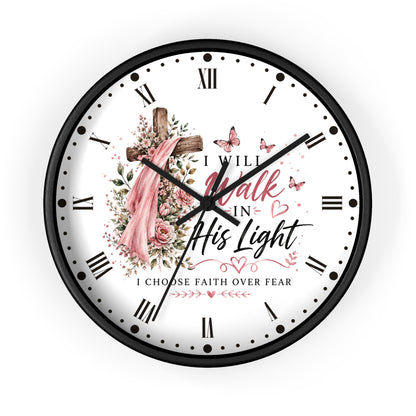 I Will Walk in His Light Wall Clock — Floral Cross Christian Cancer Awareness Gift