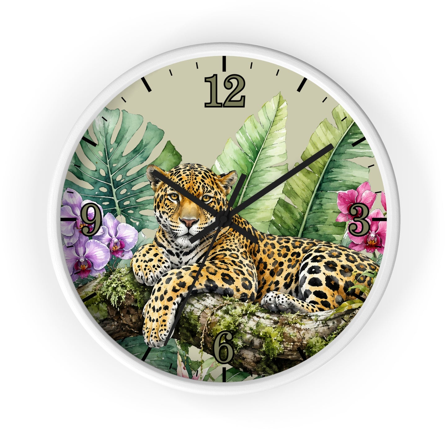 A round wall clock with a white frame and a tropical jungle design featuring a leopard resting on a branch among green leaves and pink flowers. The clock face has a light beige background with black Arabic numerals and hands.