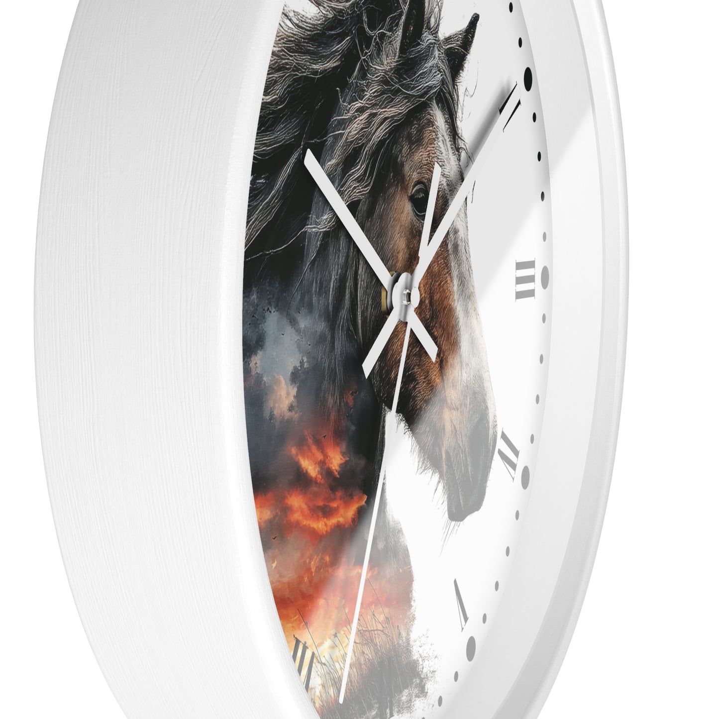A white round wall clock with a printed horse design on the face. The horse artwork shows a dark horse head against a fiery orange and gray sky.