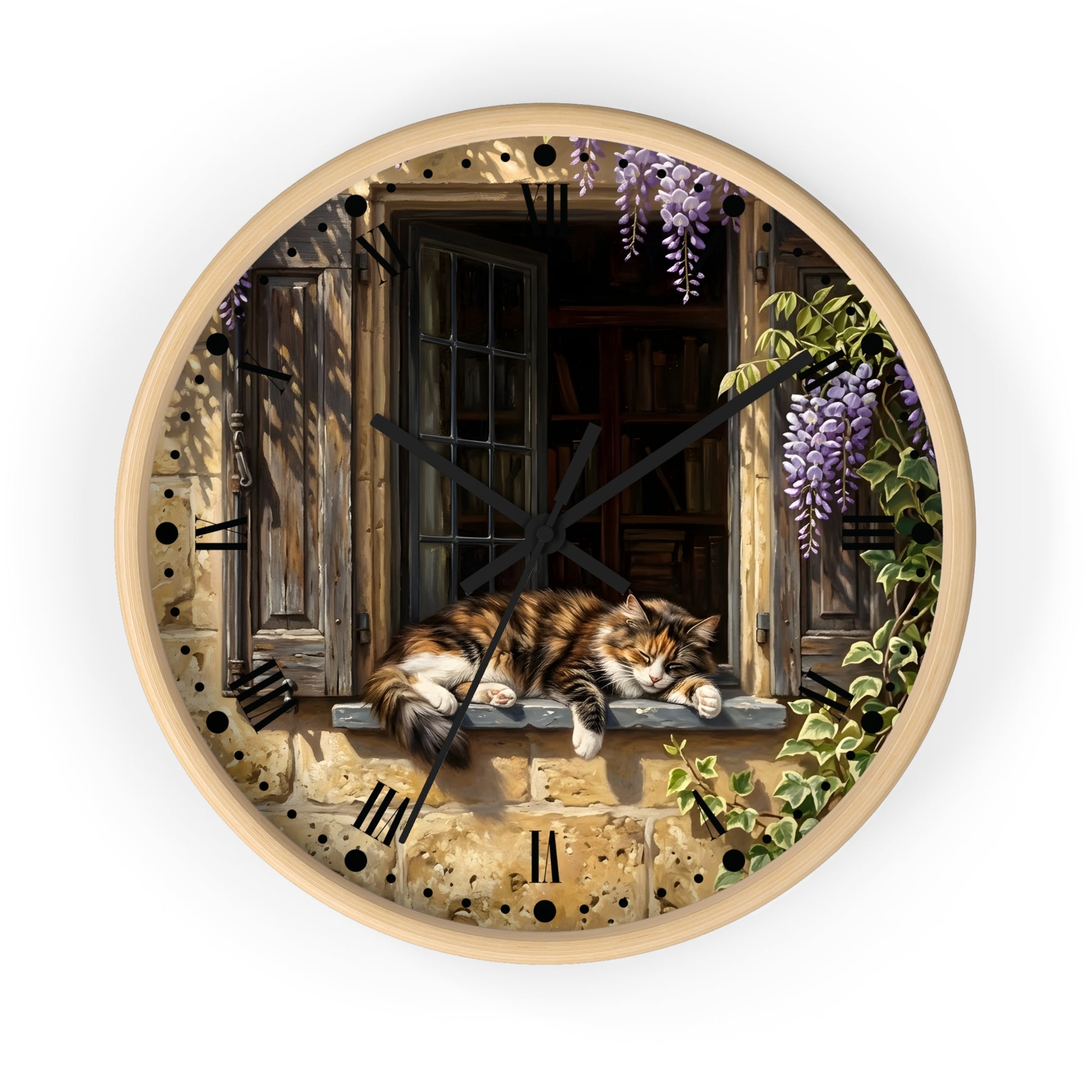Round wall clock with a light wood frame and a printed illustration of a fluffy orange-and-white cat resting on a stone windowsill, with wooden shutters, dark interior shelves, purple wisteria flowers, and green ivy around the clock face.