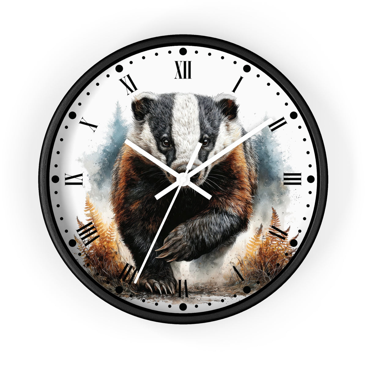 Round wall clock with a black frame and a printed illustration of a badger on the face, with Roman numerals and white clock hands, shown against a plain white background.