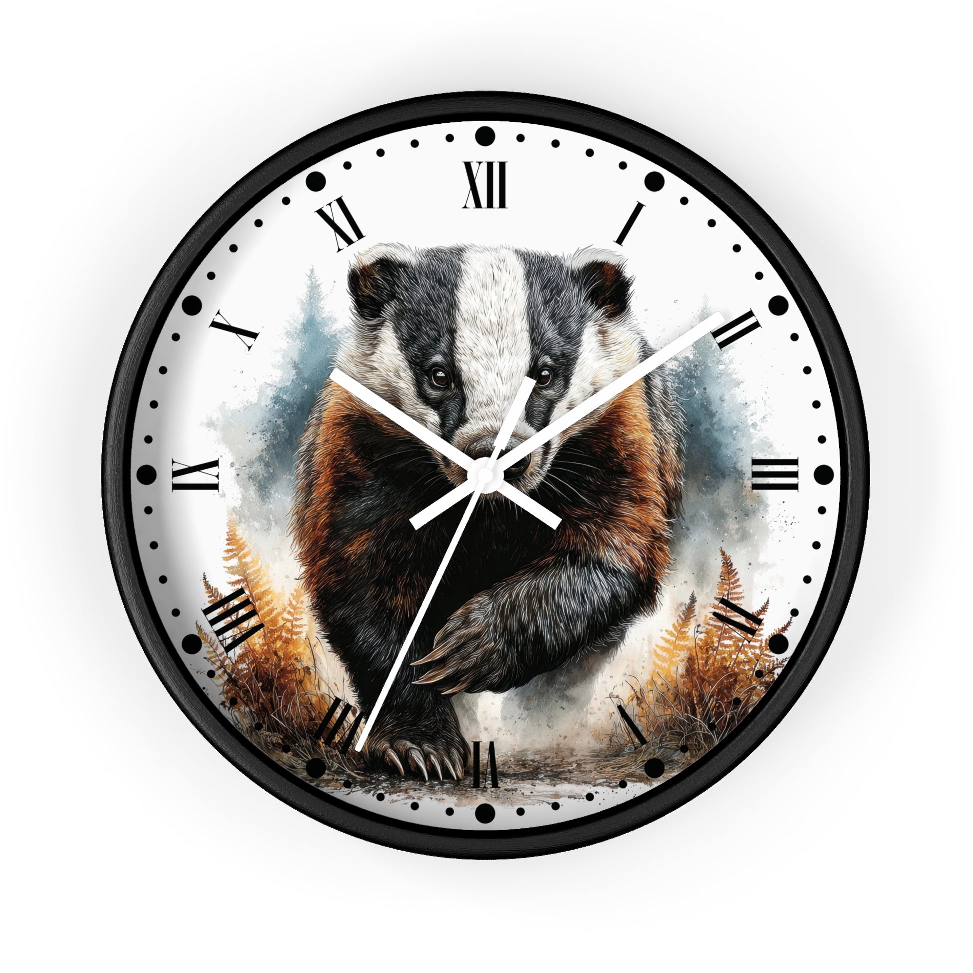 Round wall clock with a black frame and a printed illustration of a badger on the face, with Roman numerals and white clock hands, shown against a plain white background.