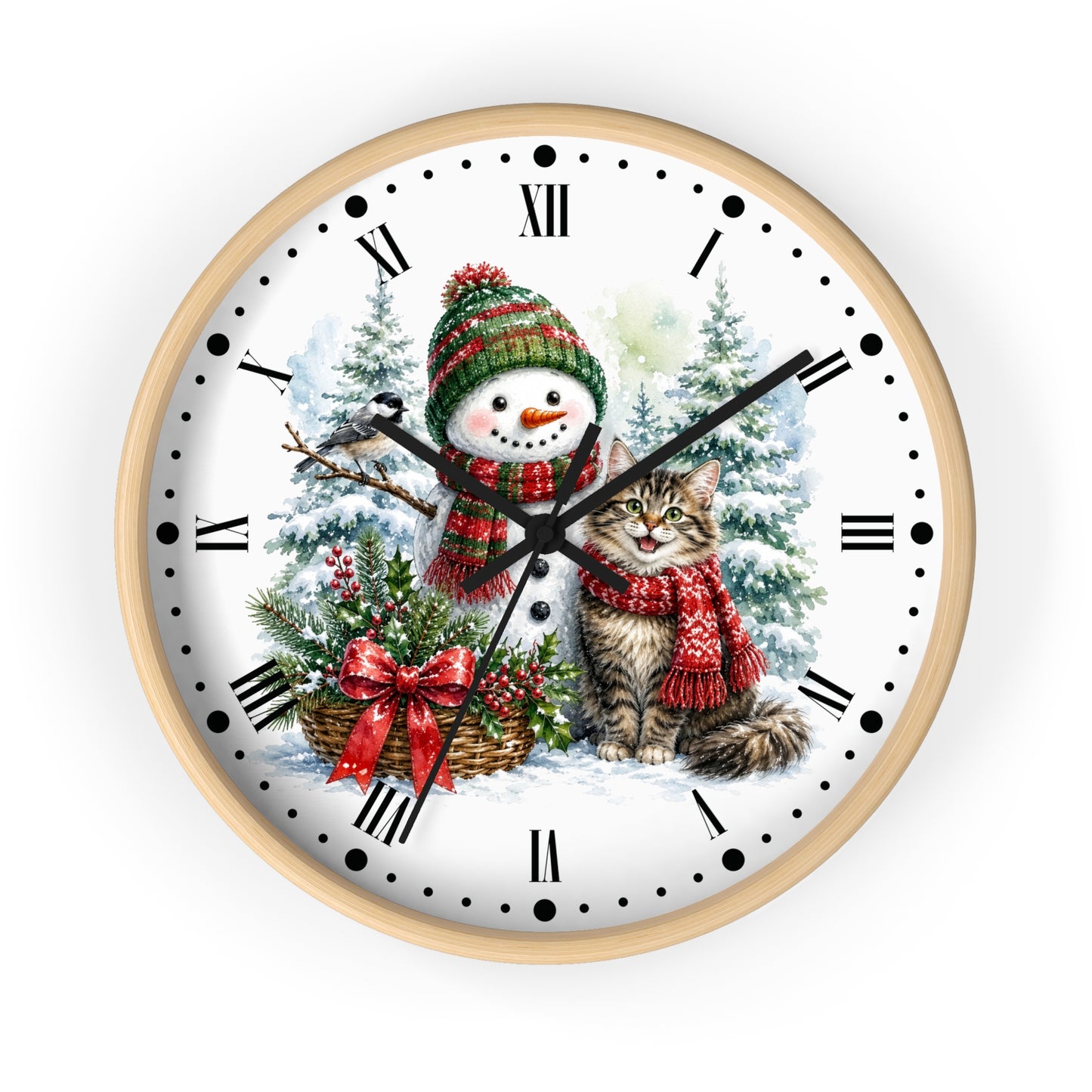 A round wall clock with a light wood frame and a white face featuring a festive Christmas illustration of a snowman and a cat wearing red scarves, surrounded by evergreen trees and a basket of holly, with black Roman numerals and hands.