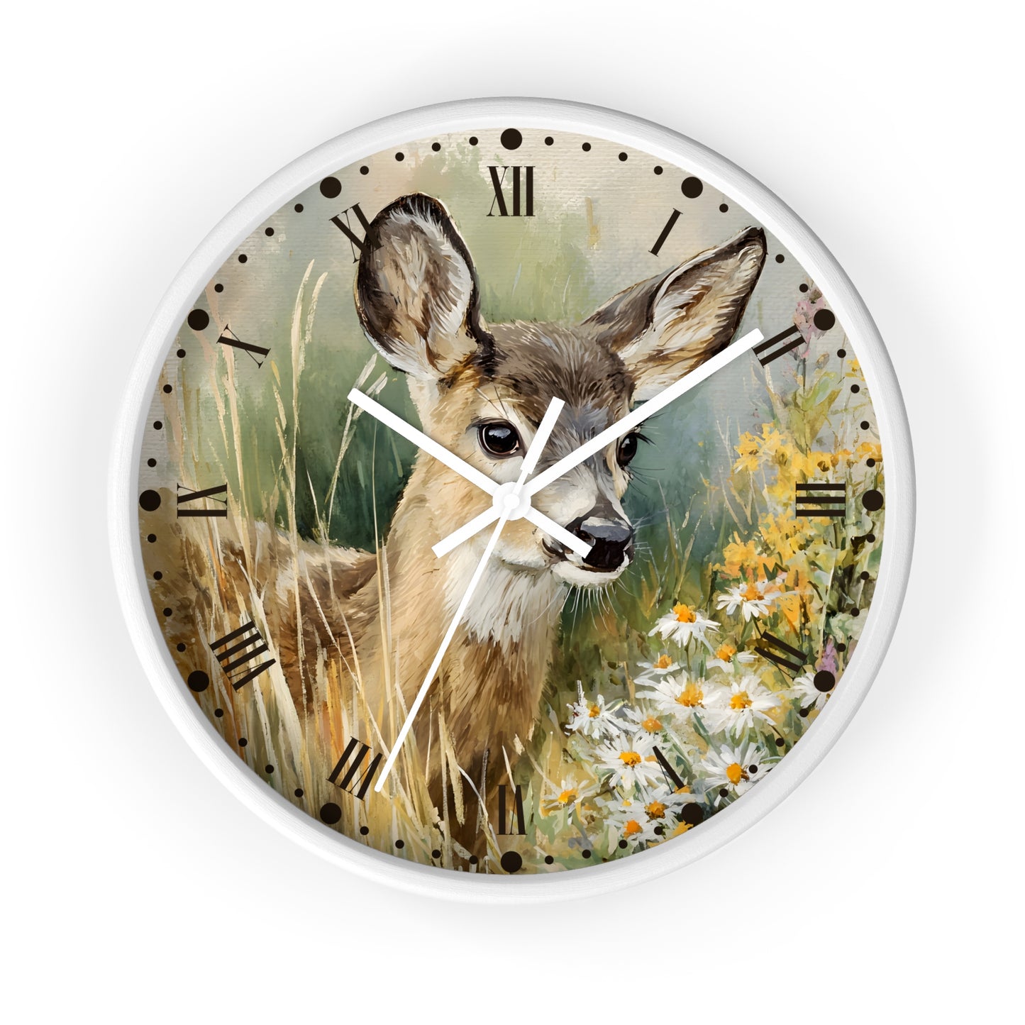 A round wall clock with a white frame and a printed nature scene on the face showing a deer in tall grass with daisies, set against a plain white background.