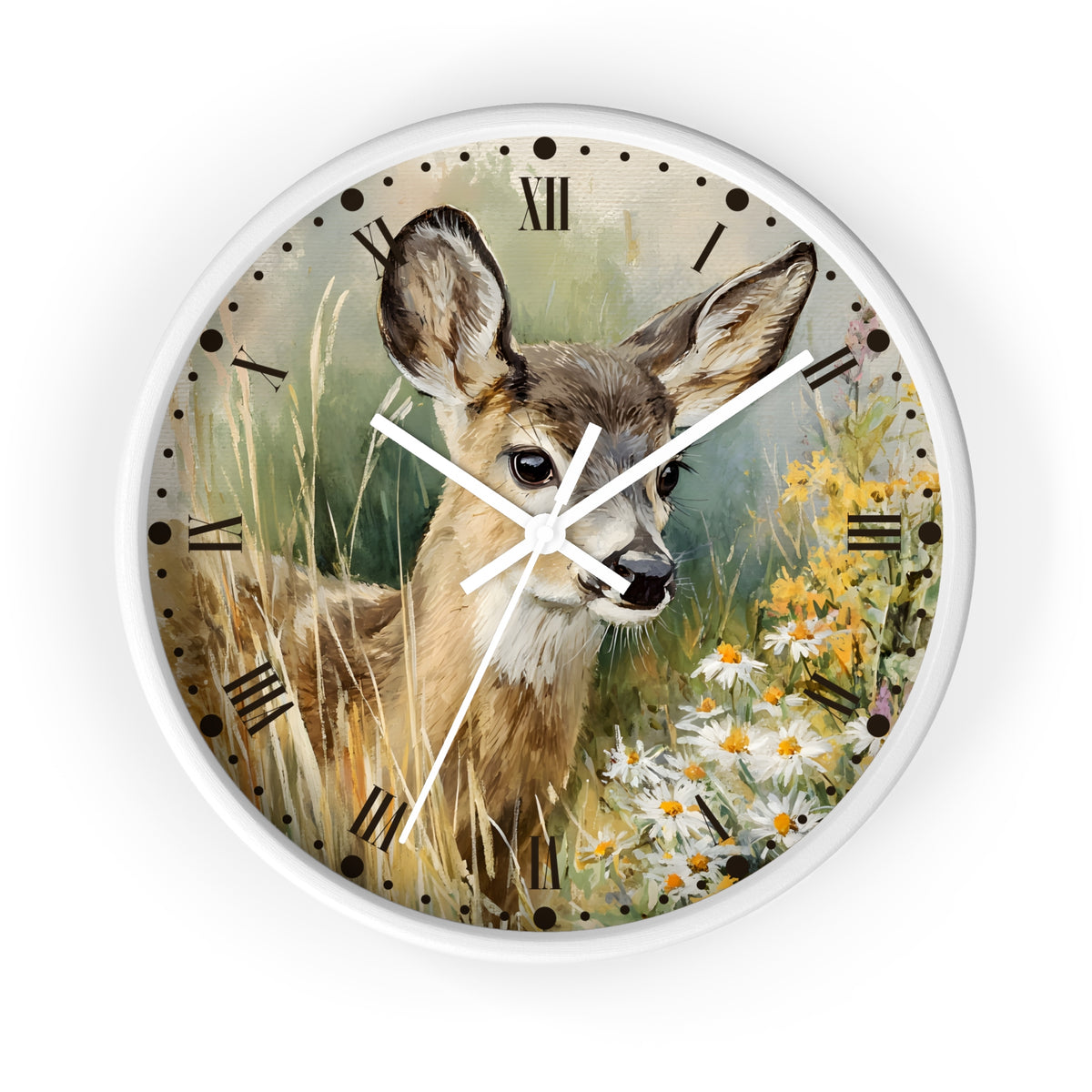 A round wall clock with a white frame and a printed nature scene on the face showing a deer in tall grass with daisies, set against a plain white background.