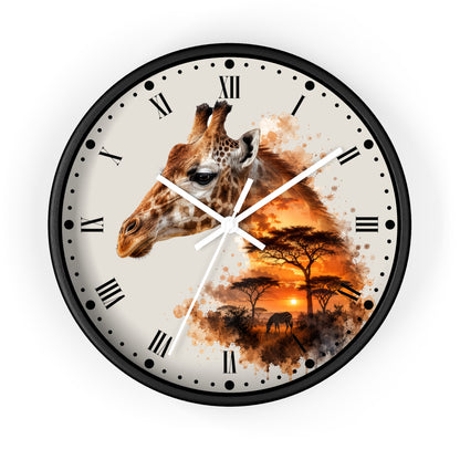 A round wall clock with a black frame and Roman numerals, featuring a giraffe head and an African savanna sunset scene printed on the face, shown against a plain white background.