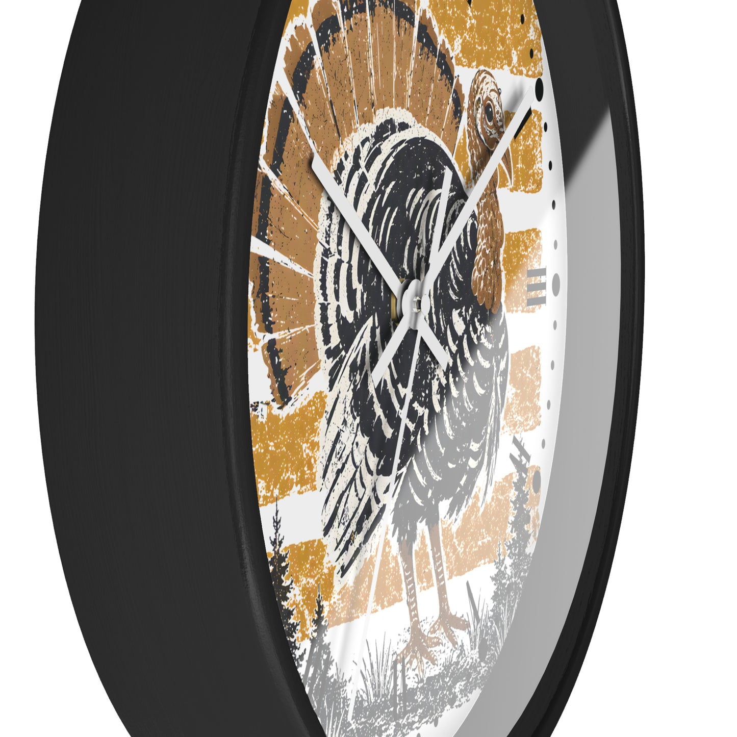 A round wall clock with a black frame and a distressed graphic of a turkey on the face, shown at an angle against a white background.
