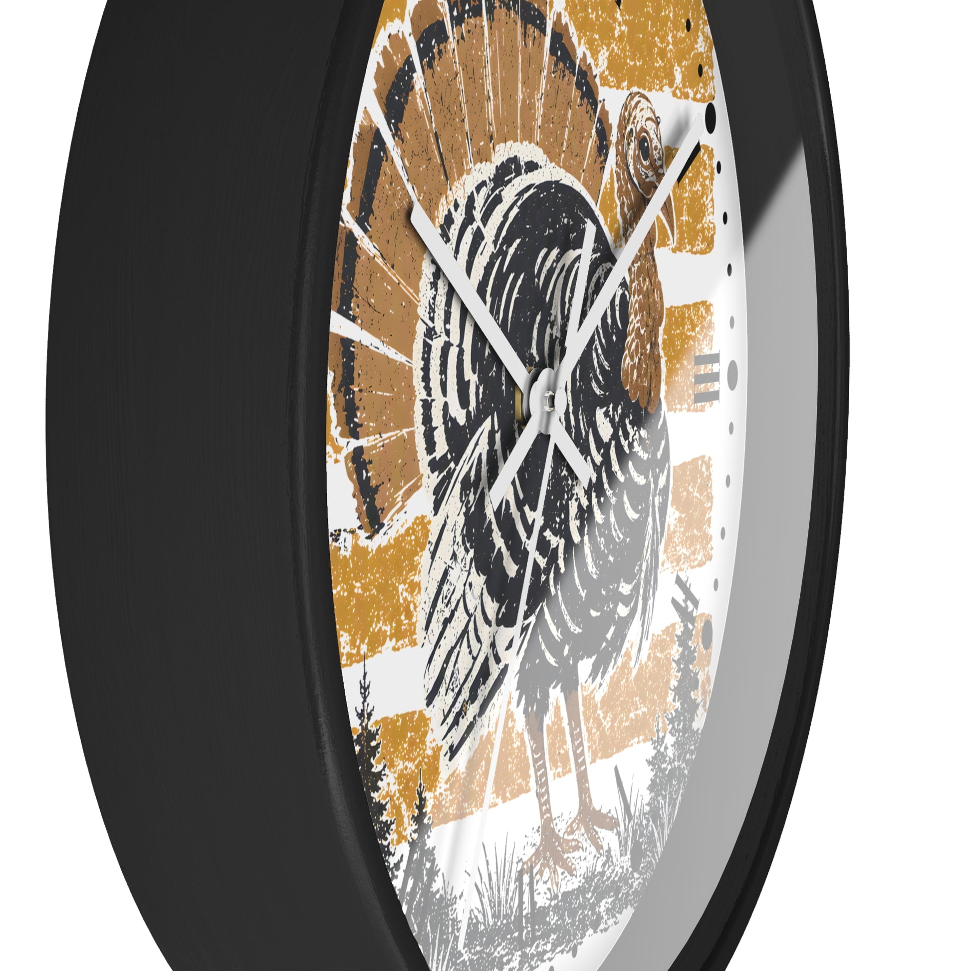 A round wall clock with a black frame and a distressed graphic of a turkey on the face, shown at an angle against a white background.