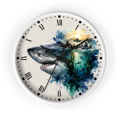 Ocean Shark & Seals Wall Clock — Watercolor Ship Nautical Art Decor