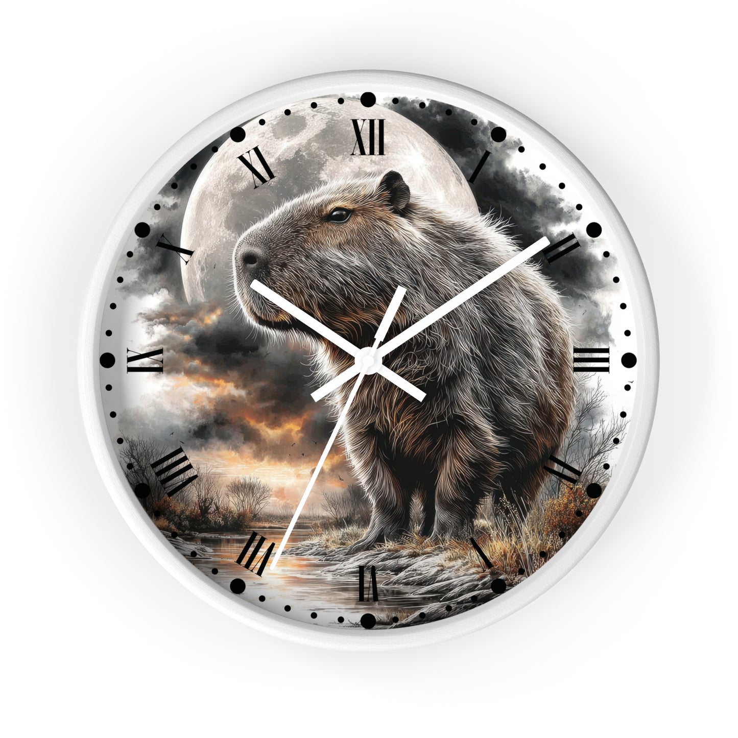 Round wall clock with a white frame and a detailed nature illustration featuring a capybara standing in front of a large full moon and dramatic clouds. The clock face includes black Roman numerals, black hour markers with dots, and white clock hands.