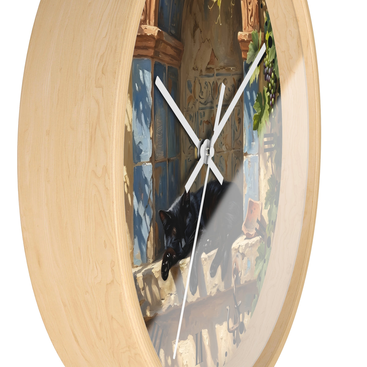 Round wall clock with a light natural wood frame and a printed scenic dial showing a black cat resting on a stone ledge in front of blue tiled windows.