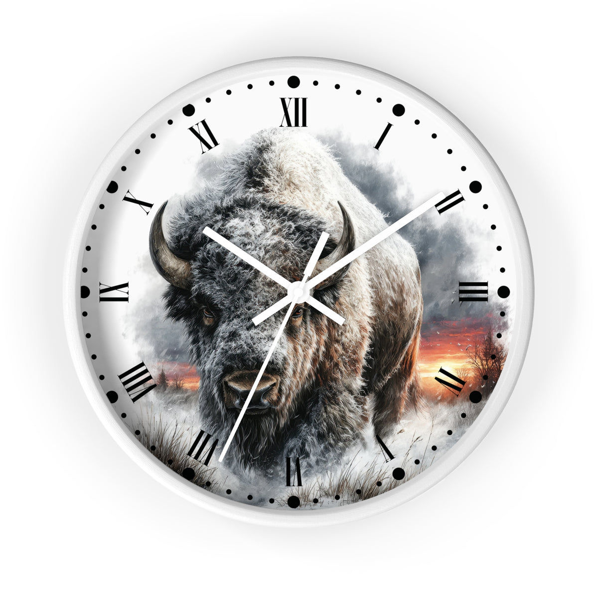 Bison Sunrise Wall Clock with Roman Numerals — Rustic Buffalo Decor