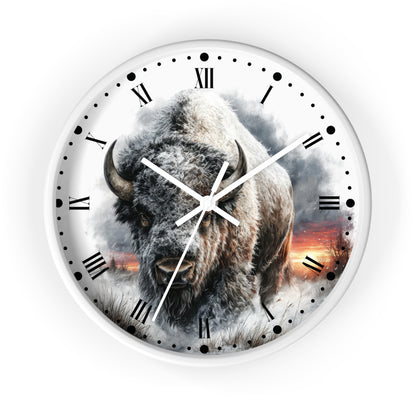Bison Sunrise Wall Clock with Roman Numerals — Rustic Buffalo Decor