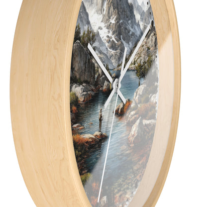Fly Fishing on Mountain Lake Wall Clock — Fisherman Scenic Nature Decor