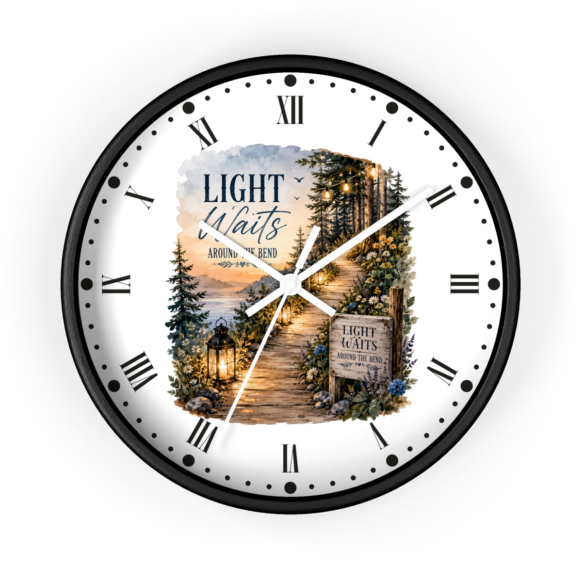 Rustic Lantern Christian Wall Clock — "Light Waits Around the Bend" Bible Verse Decor