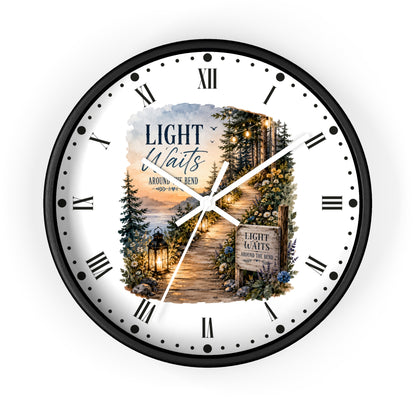 Rustic Lantern Christian Wall Clock — "Light Waits Around the Bend" Bible Verse Decor