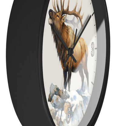 Elk Winter Wall Clock — Rustic Watercolor Mountain Lodge Decor