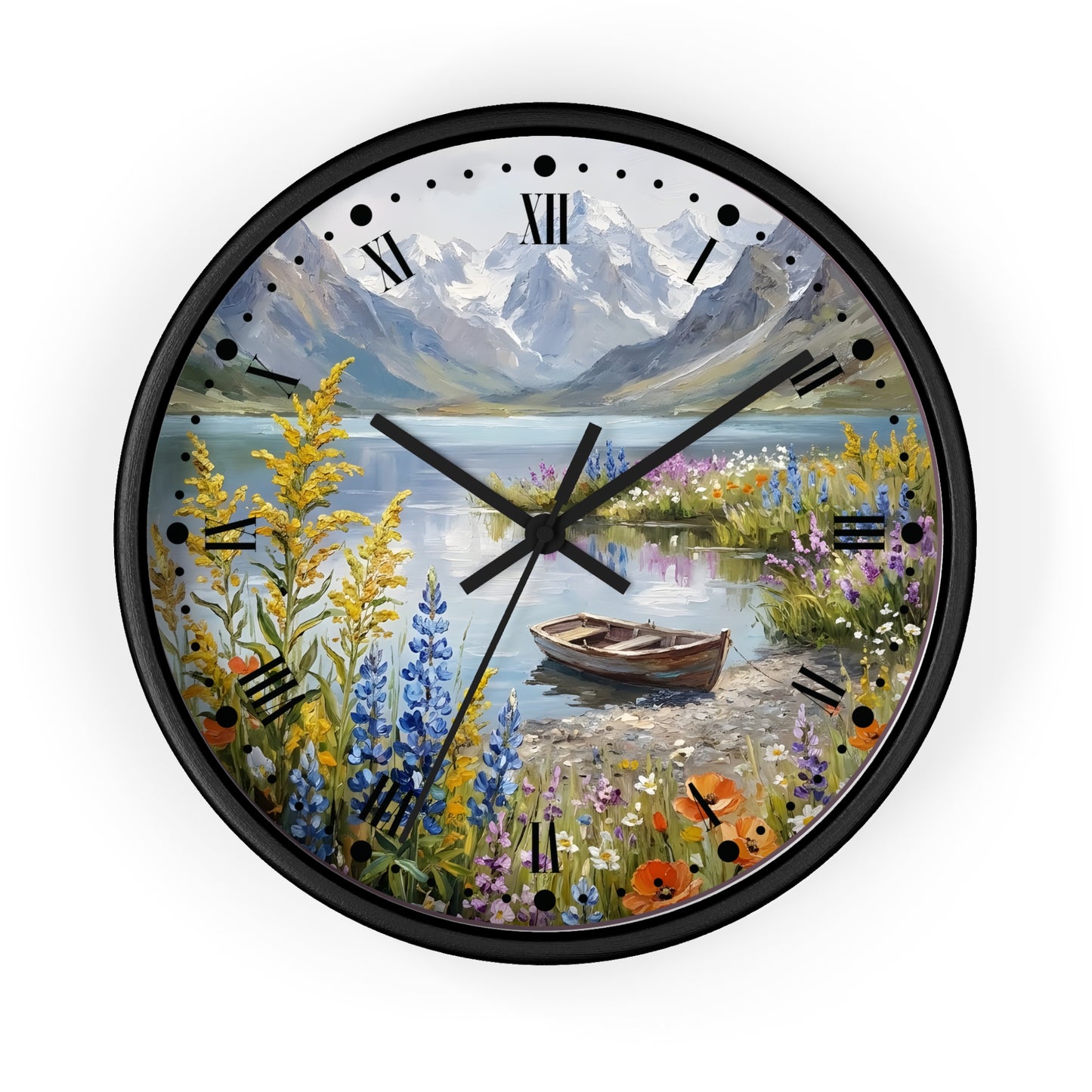 A round wall clock with a black frame and black Roman numerals, featuring a scenic landscape illustration of a mountain lake with wildflowers and a rowboat on the clock face.