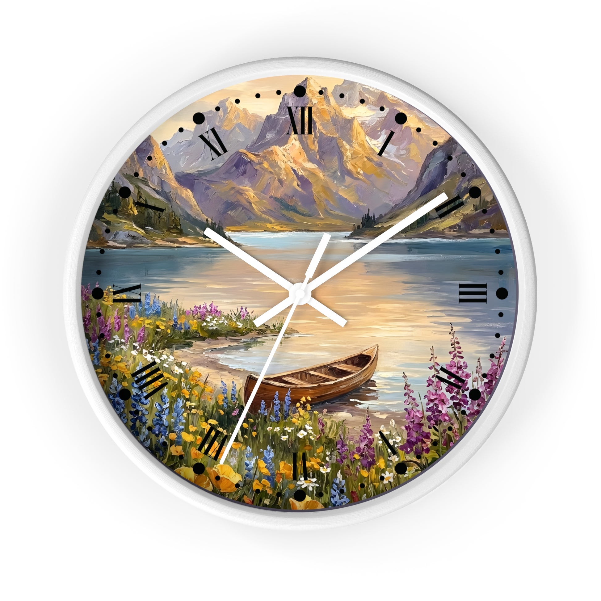 A round wall clock with a white frame and a scenic landscape print featuring mountains, a lake, a canoe, and wildflowers. The clock face has black Roman numerals and white hands on a clean white background.