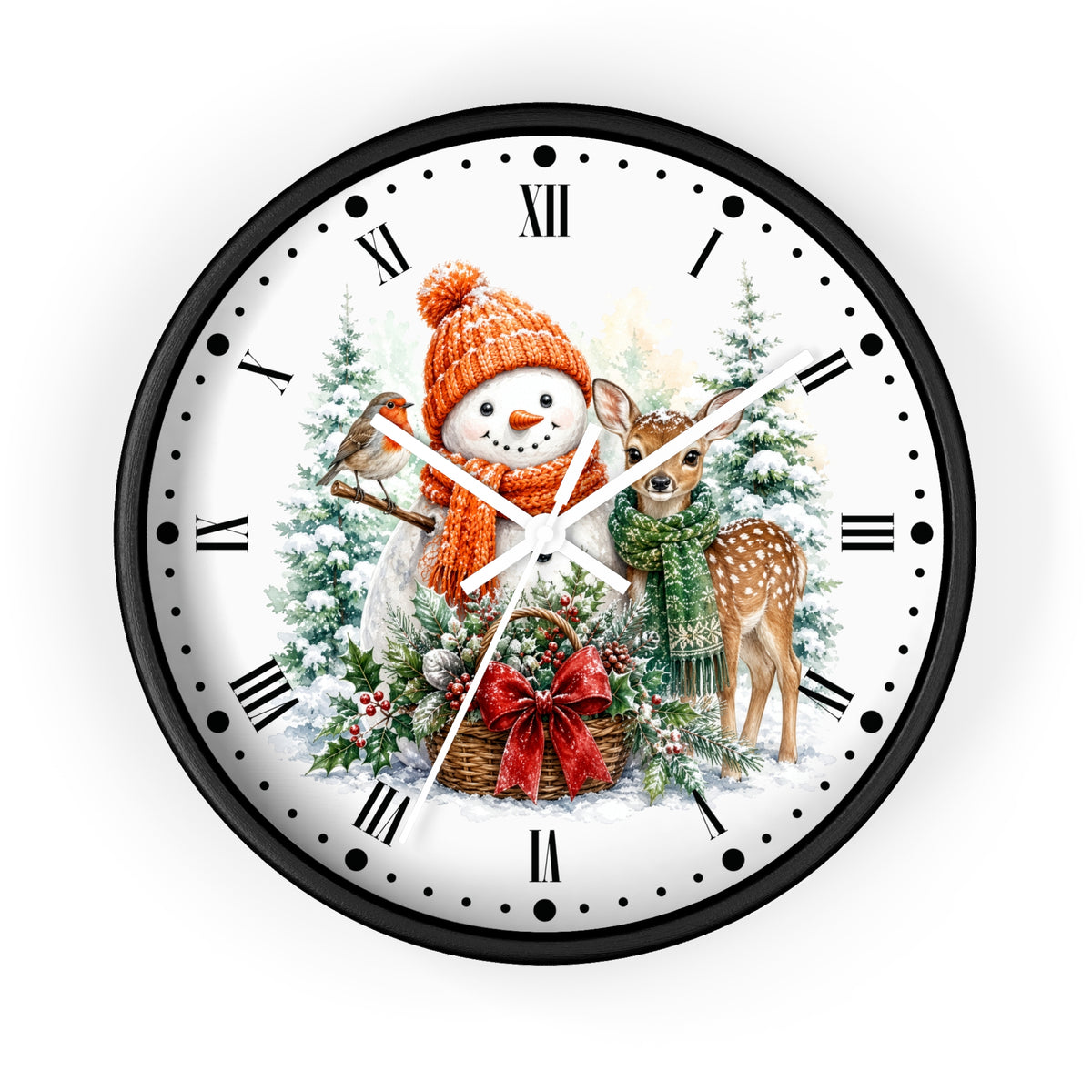 Snowman & Fawn Holiday Wall Clock — Festive Winter Deer Decor