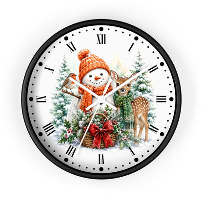 Snowman & Fawn Holiday Wall Clock — Festive Winter Deer Decor