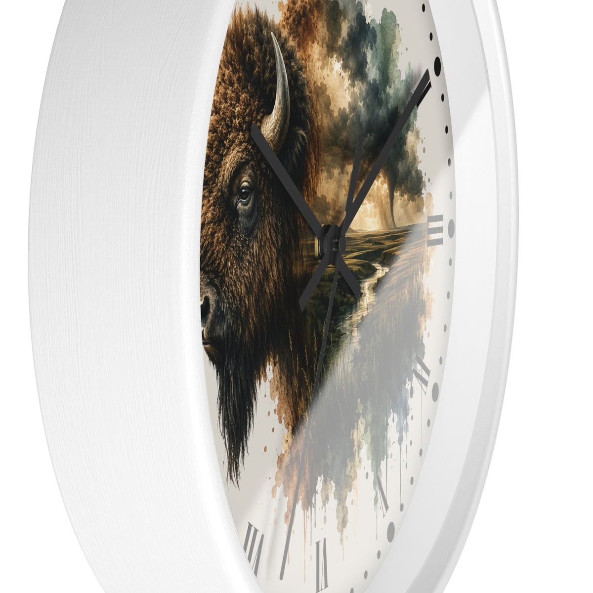 Buffalo Landscape Wall Clock — Rustic Prairie Bison Art