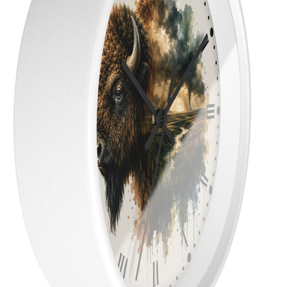 Buffalo Landscape Wall Clock — Rustic Prairie Bison Art