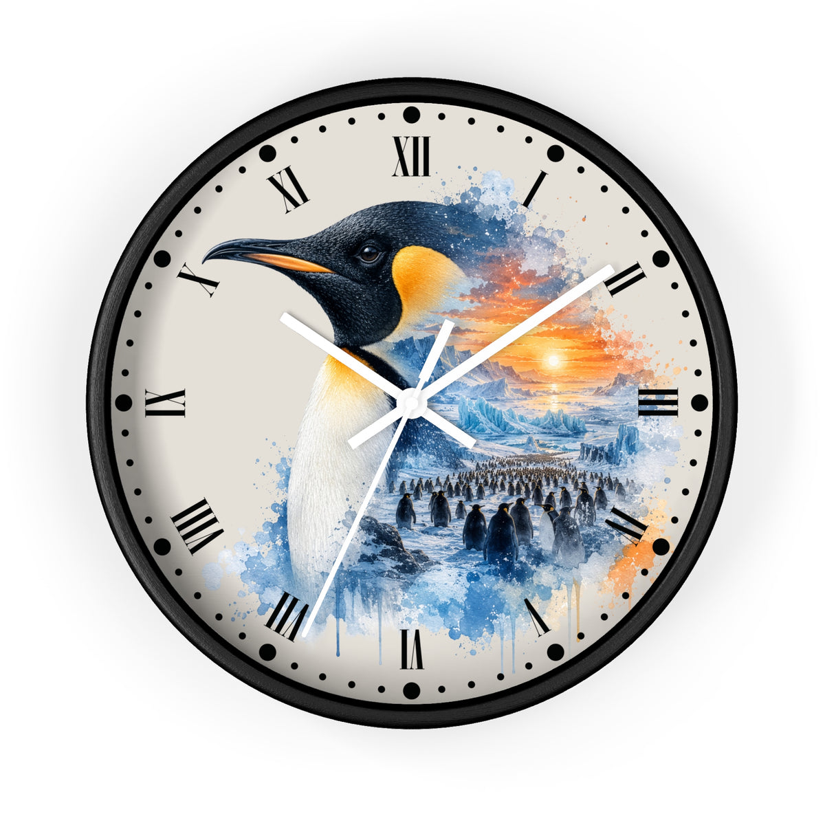 King Penguin Sunset Wall Clock — Arctic Animal Scenic Decor