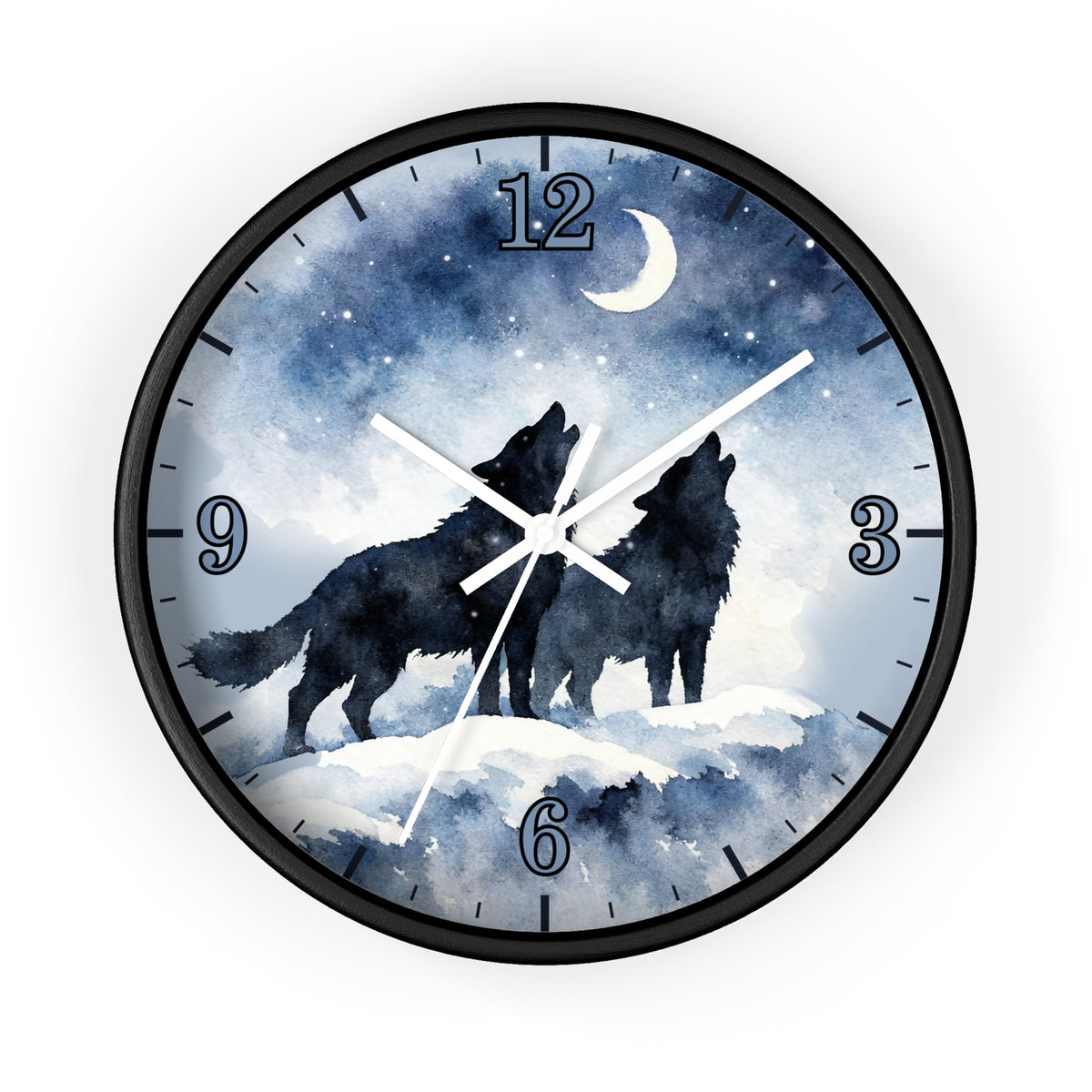 A round wall clock with a black frame and a printed night sky face showing two black howling wolves, a crescent moon, stars, and blue watercolor-style scenery. The numbers 1 through 12 are visible around the dial.