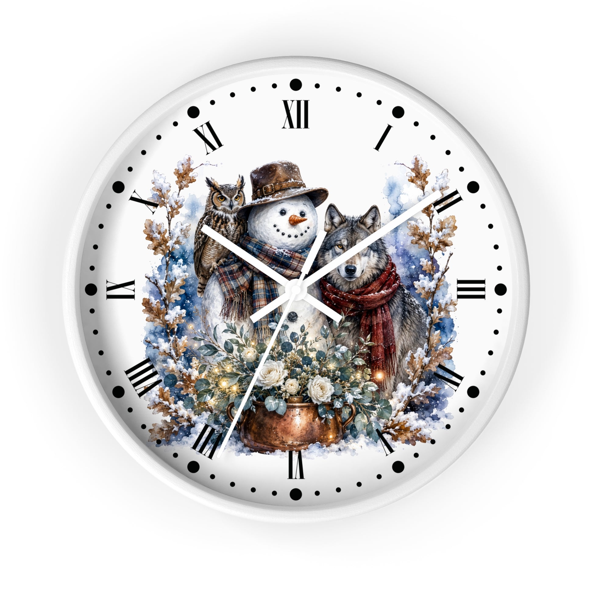 A round white wall clock with a winter illustration featuring a snowman, a wolf, an owl, flowers, and snow-covered branches. The clock face has black Roman numerals and black dot hour markers, with white clock hands.