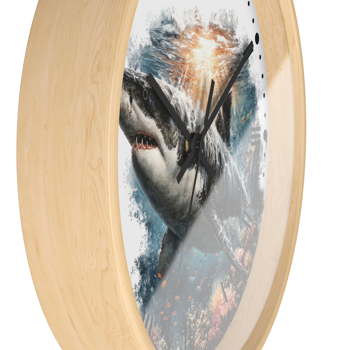 Oval wall clock with a light natural wood frame and a printed shark underwater scene on the face, shown against a plain white background.