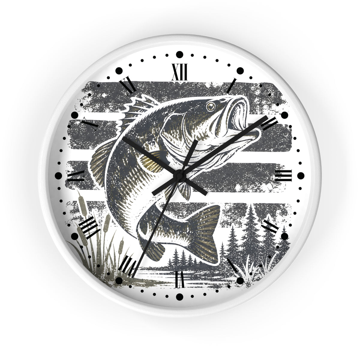 A round wall clock with a white frame and a printed design of a largemouth bass fish jumping over water, set against a background of horizontal gray stripes and pine trees. The clock features black Roman numerals and black hands.
