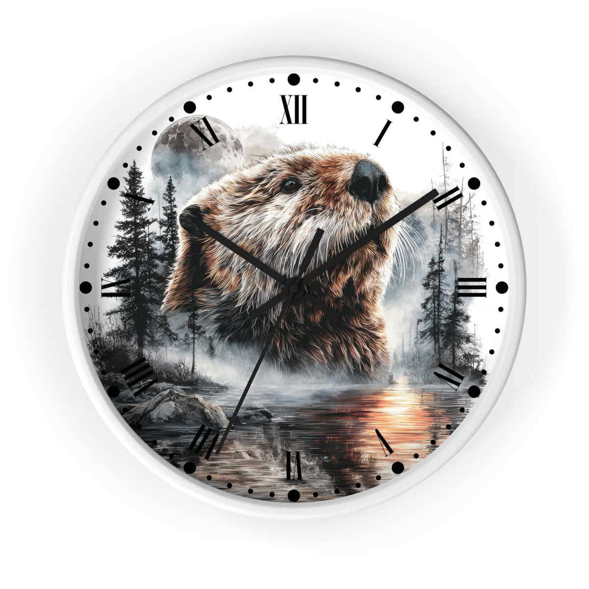 A round wall clock with a white frame and a printed nature scene featuring a beaver in a forest by a lake, with black Roman numerals and hands on a white background.