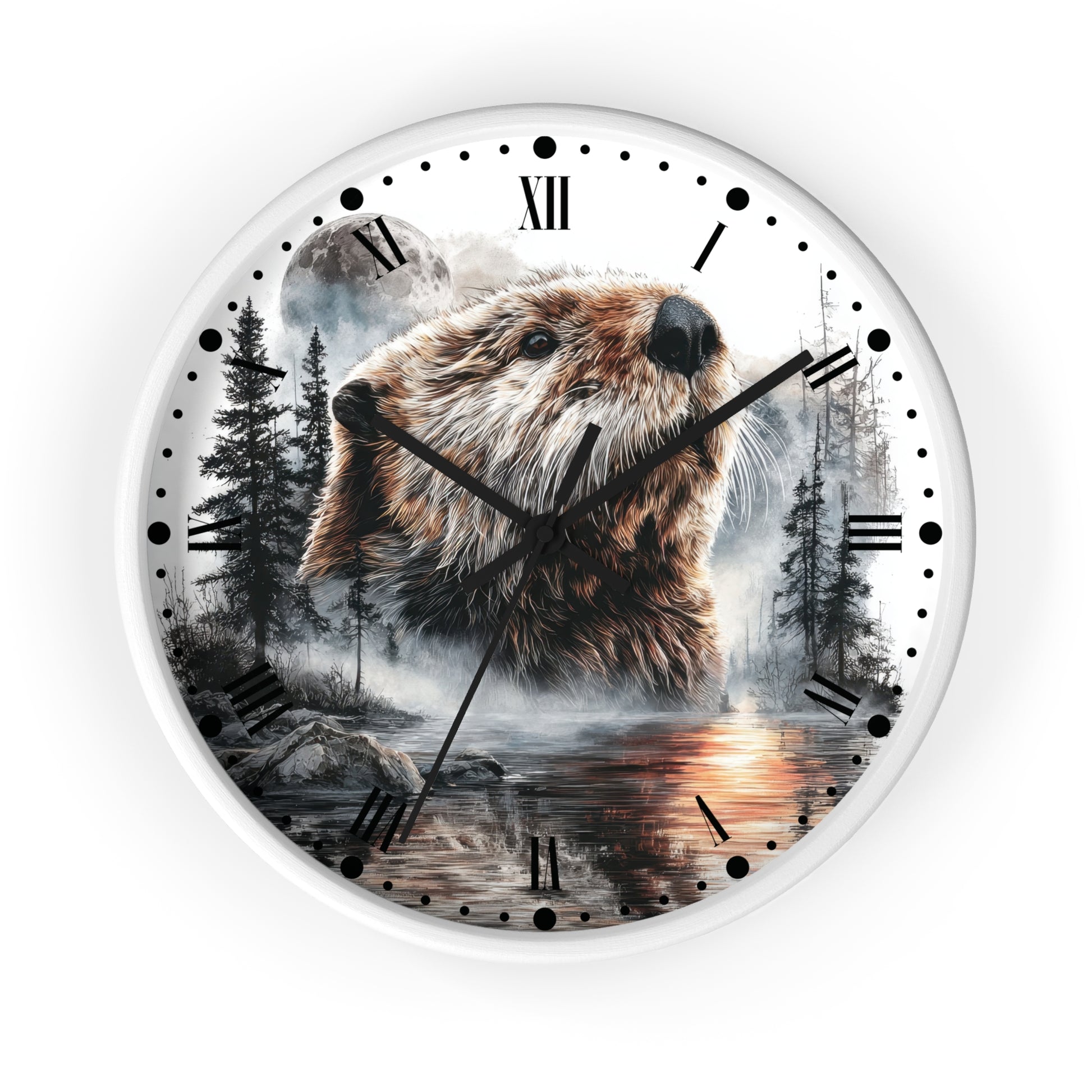 A round wall clock with a white frame and a printed nature scene featuring a beaver in a forest by a lake, with black Roman numerals and hands on a white background.