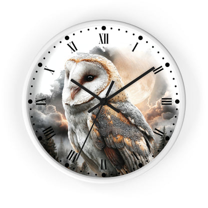 A round wall clock with a white frame and a printed design featuring a large barn owl over a cloudy sky and moon, with black Roman numerals and clock hands.