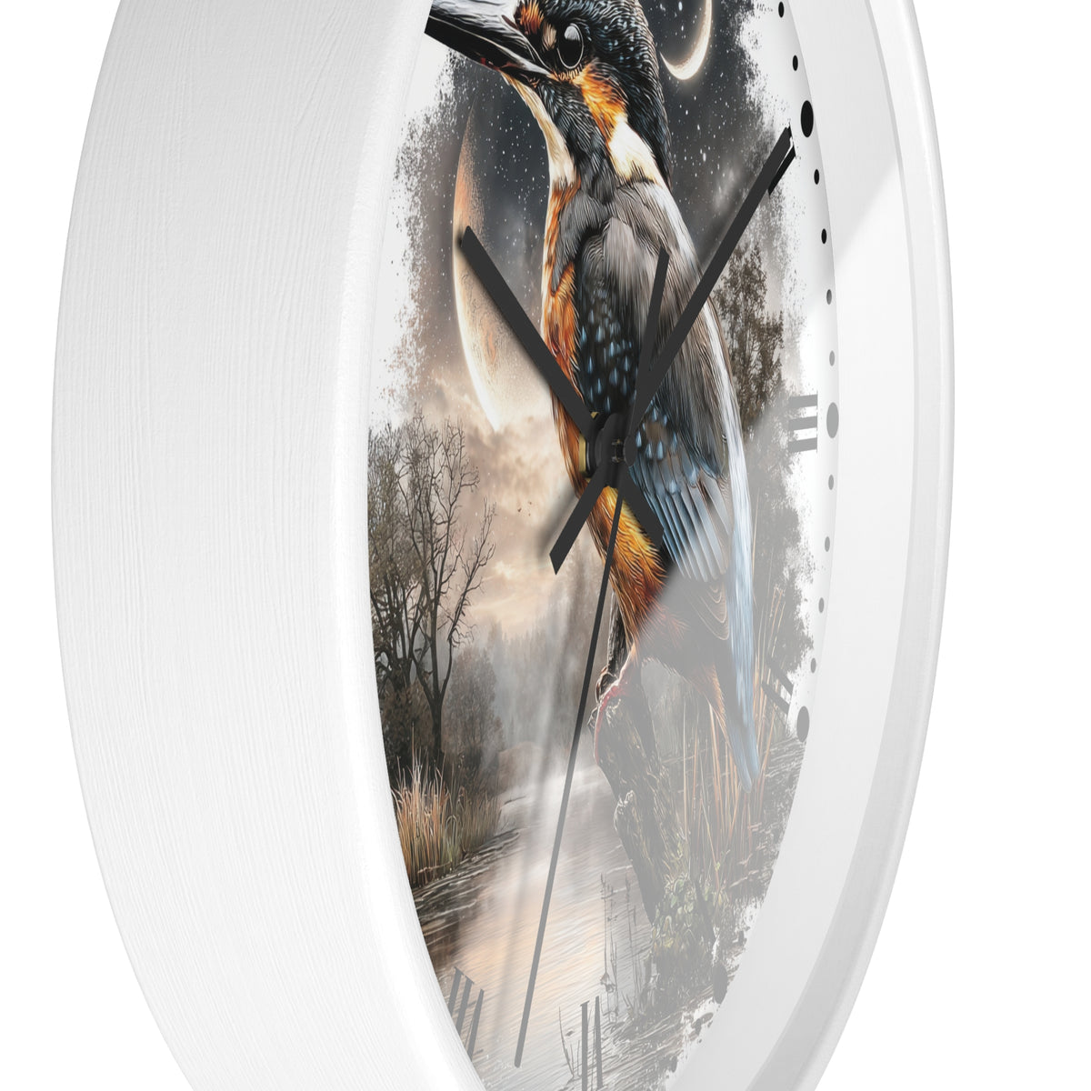 A white oval wall clock featuring a printed fantasy-style illustration of a kingfisher bird over a misty landscape with a full moon and dark sky.